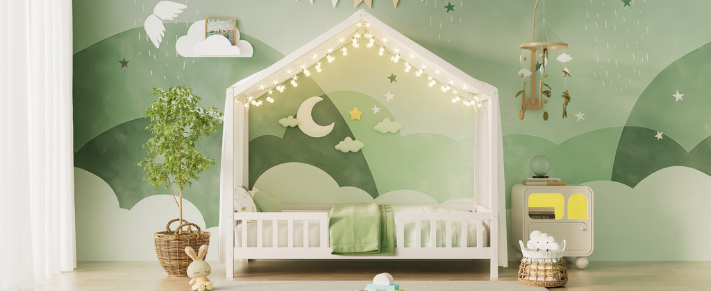 Montessori Floor Bed with Canopy, Twin Bed Frame for Kids, House Shape Kids Bed Frame with High Railings, Wood Kids Bed with Roof, Kid Twin Bed, White