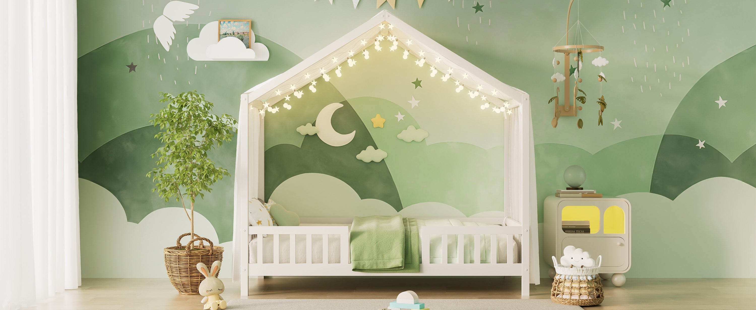 Montessori Floor Bed with Canopy, Twin Bed Frame for Kids, House Shape Kids Bed Frame with High Railings, Wood Kids Bed with Roof, Kid Twin Bed, White