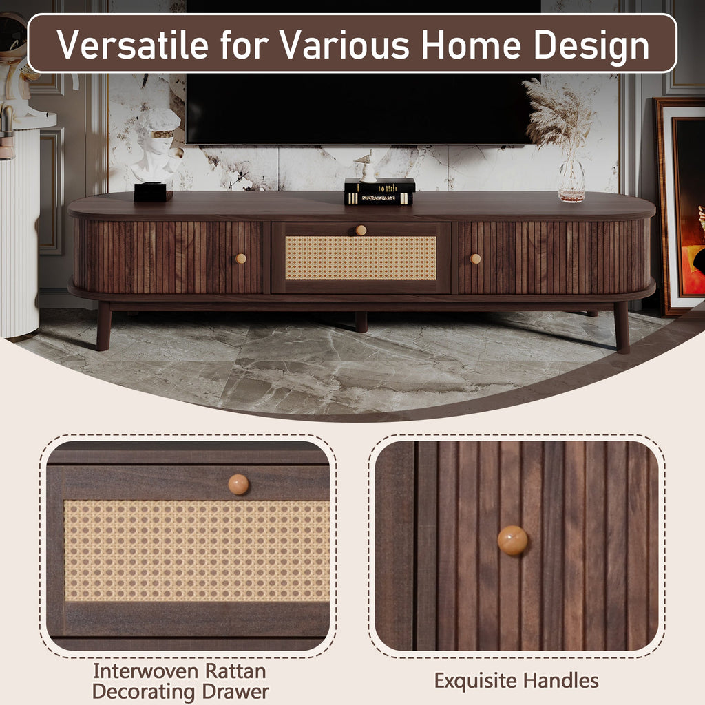 Modern Design TV Stand for 75' TVs, Media Console TV Cabinet with Rattan-Front Drawer for Living Room, 1 Drawer and 2 Sliding-Door Cabinets