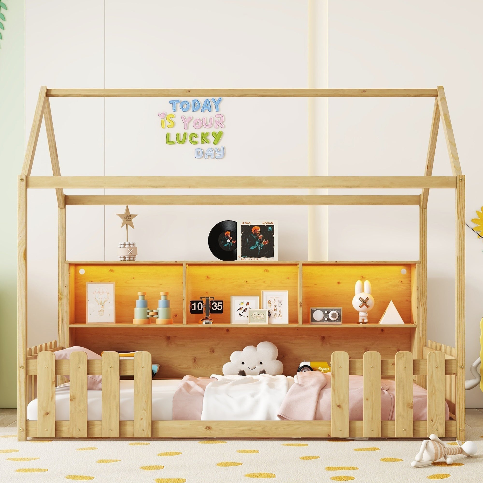 Twin Size House Bed with LED Light, Wood House Bed with Storage Bookshelf, Floor House Bed with Guardrails for Kids, Natural (Expect Arrival Date 2025/3/14)