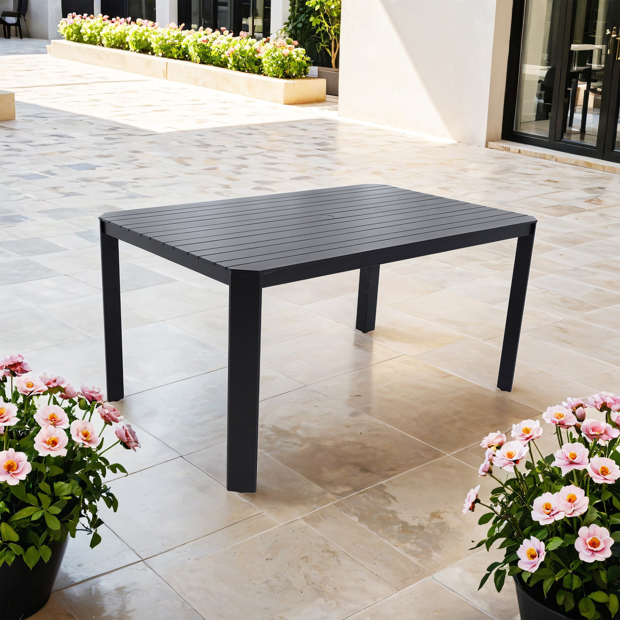 Modern Outdoor Aluminum Table with Alternating Wide and Narrow Slats, Angled Corners, 2' Big Umbrella Hole, and Adjustable Non-Slip Pads, Bourbon Brown