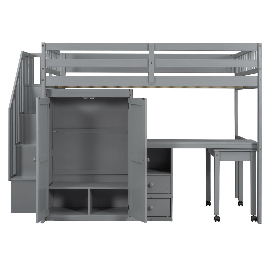 Full Size Loft Bed with Stairs, Bookshelf, Drawers, Desk & Wardrobe – Space-Saving Multifunctional Furniture for Kids & Teens-Gray