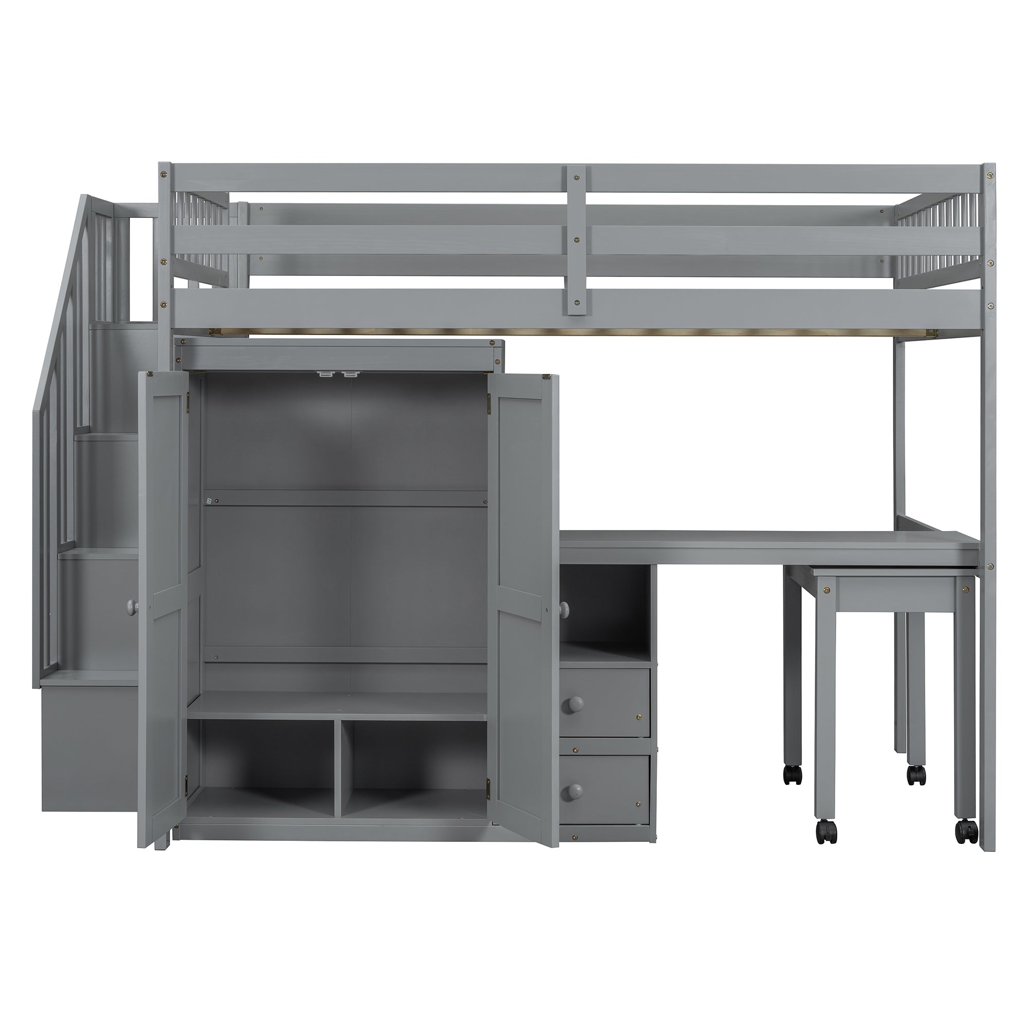 Full Size Loft Bed with Stairs, Bookshelf, Drawers, Desk & Wardrobe – Space-Saving Multifunctional Furniture for Kids & Teens-Gray