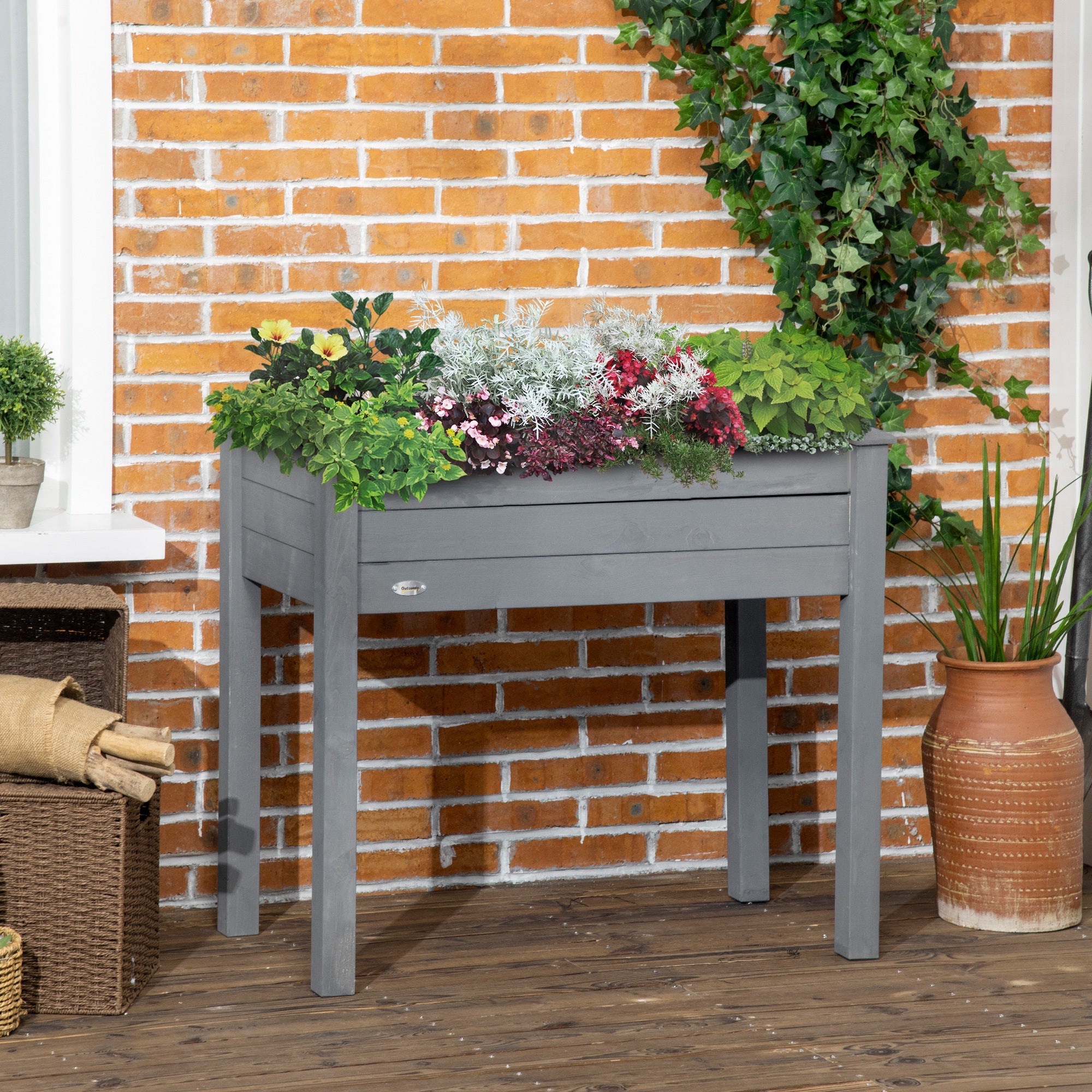 Outsunny Raised Garden Bed with Legs, 34' x 18' x 30', Elevated Wooden Planter Box, Self-Draining with Bed Liner for Vegetables, Herbs, and Flowers Backyard, Patio, Balcony Use, Dark Gray