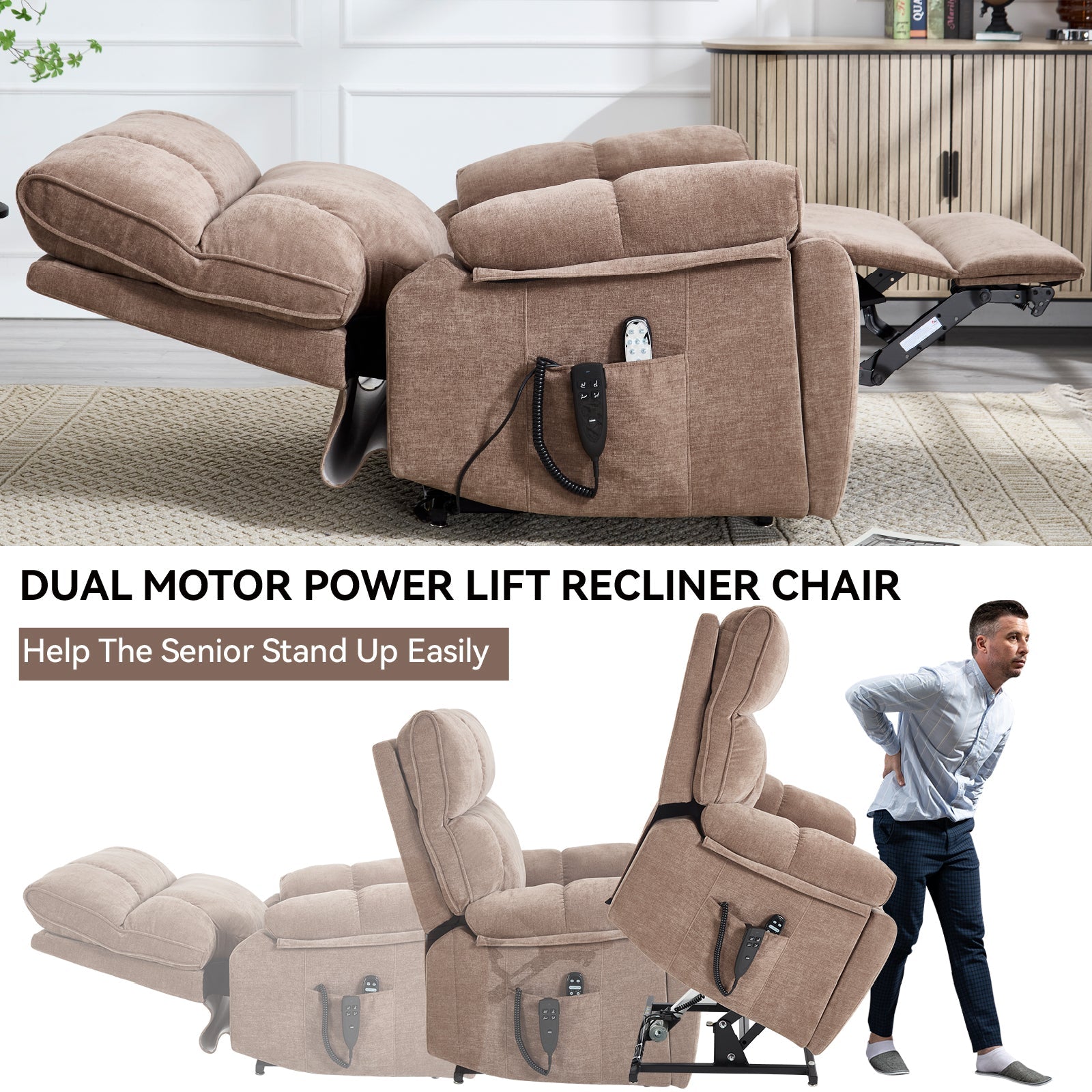 Brown Heat Massage Dual Motor Infinite Position Up to 350 LBS Large Electric Power Lift Recliners with Hidden Cup Holders, Power-Remote, Medium-firm and Heavy Duty