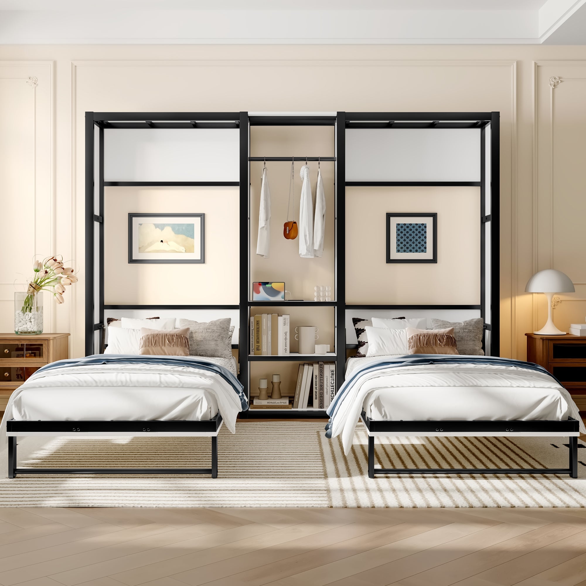 Twin and Twin Murphy Bed, Metal Foldable Murphy Bed with Wardrobe, Shelves and Power Outlets, 2 in 1 Design, Space-saving, White