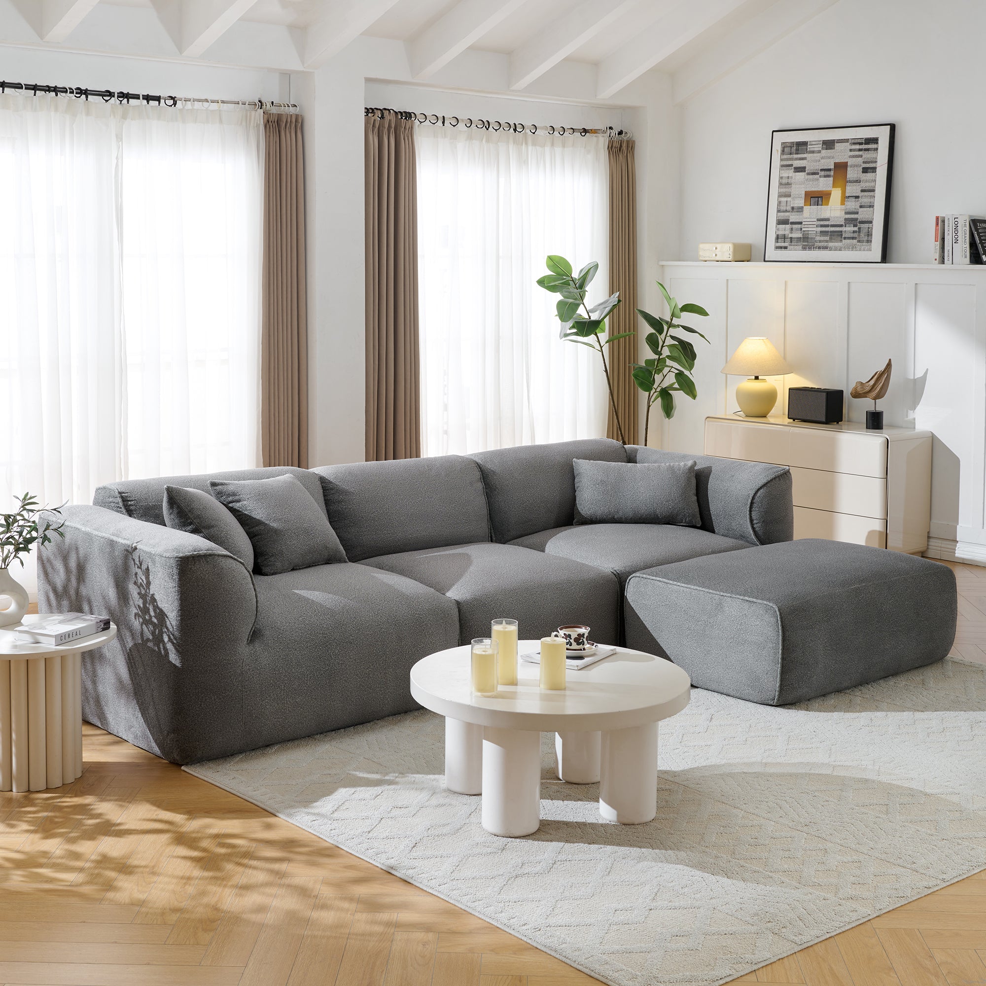 U_Style Luxury living room double-needle cut velvet sofa, 4-seater with pure sponge seat cushions and a detachable footstool, includes 3 throw pillows. Ideal for living rooms, apartments, and more.