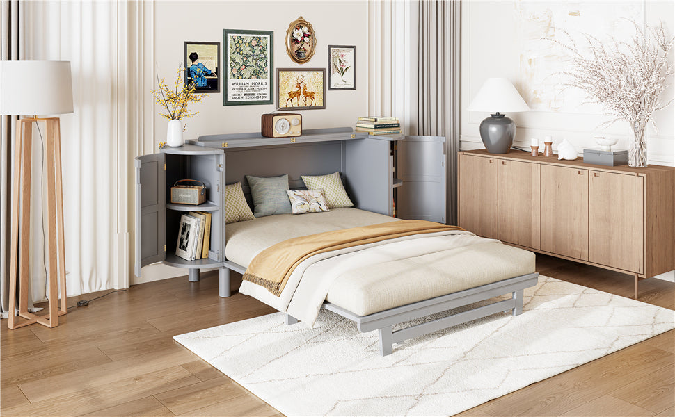 Queen Murphy Bed with Hidden Storage & Modern Woven Design,Gray