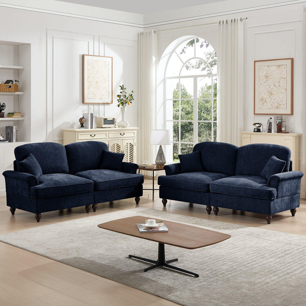 Classic 2 Piece Modular Couch Living Room Sofa Set with Flared Arms and Removable Ruffles Pleats Skirts and Spindle Legs, 2Seater Sofa + 2-Seat Loveseat Sofa Sets for Living Room, Blue