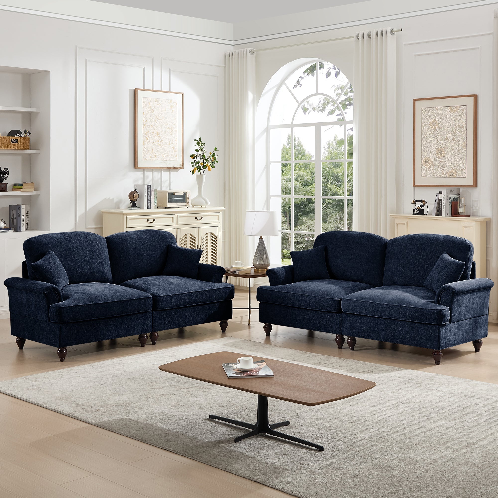 Classic 2 Piece Modular Couch Living Room Sofa Set with Flared Arms and Removable Ruffles Pleats Skirts and Spindle Legs, 2Seater Sofa + 2-Seat Loveseat Sofa Sets for Living Room, Blue