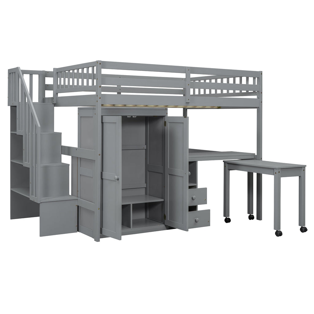 Full Size Loft Bed with Stairs, Bookshelf, Drawers, Desk & Wardrobe – Space-Saving Multifunctional Furniture for Kids & Teens-Gray
