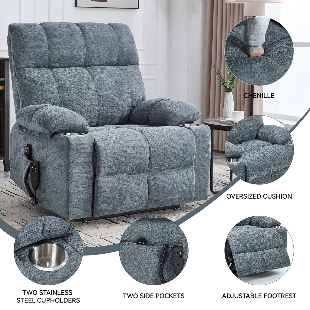 Grey Dual Motor Infinite Position Up to 350 LBS Chenille Power Lift Recliner Chair, Heavy Duty Motion Mechanism with 8-Point Vibration Massage and Lumbar Heating, Dual Cup Holders