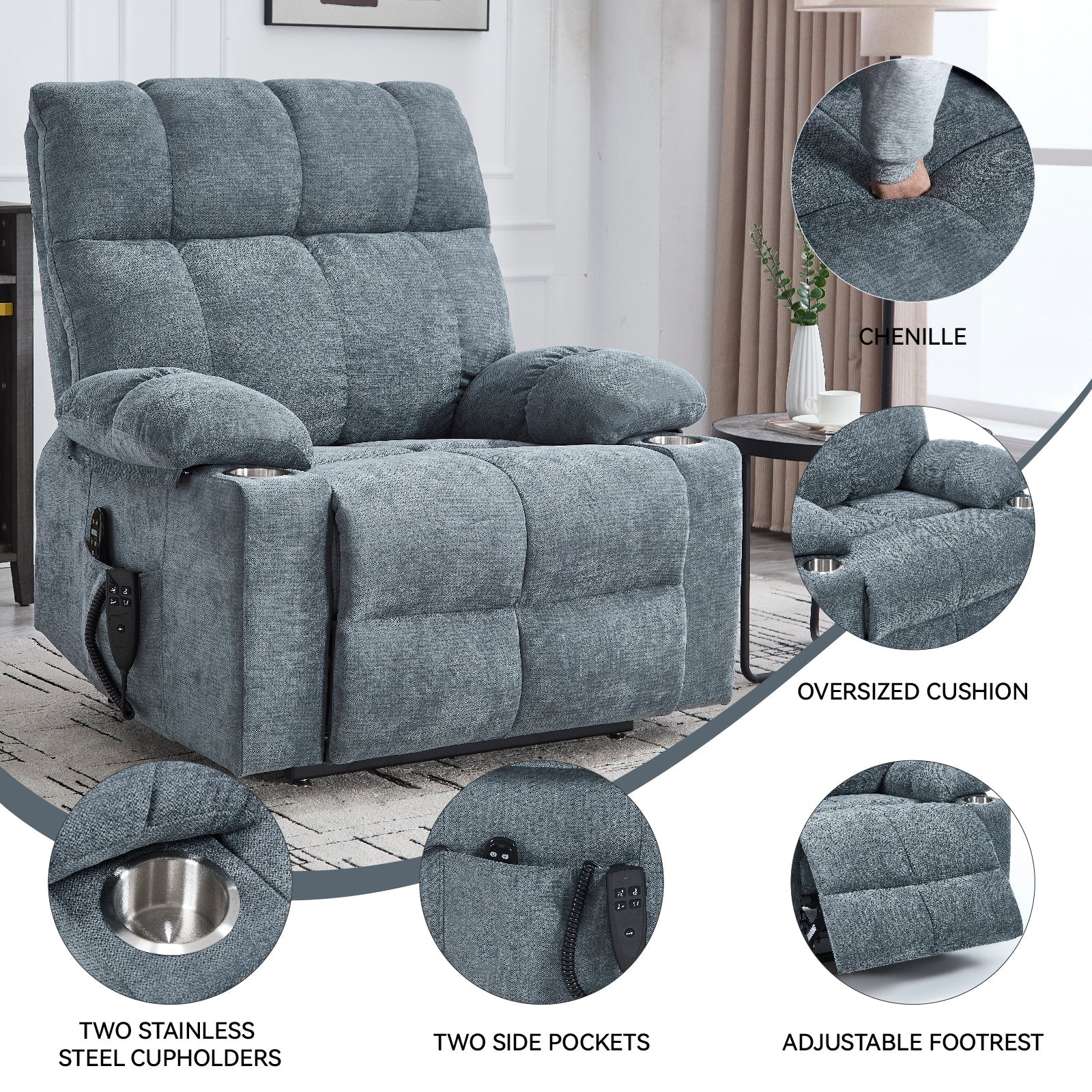 Grey Dual Motor Infinite Position Up to 350 LBS Chenille Power Lift Recliner Chair, Heavy Duty Motion Mechanism with 8-Point Vibration Massage and Lumbar Heating, Dual Cup Holders