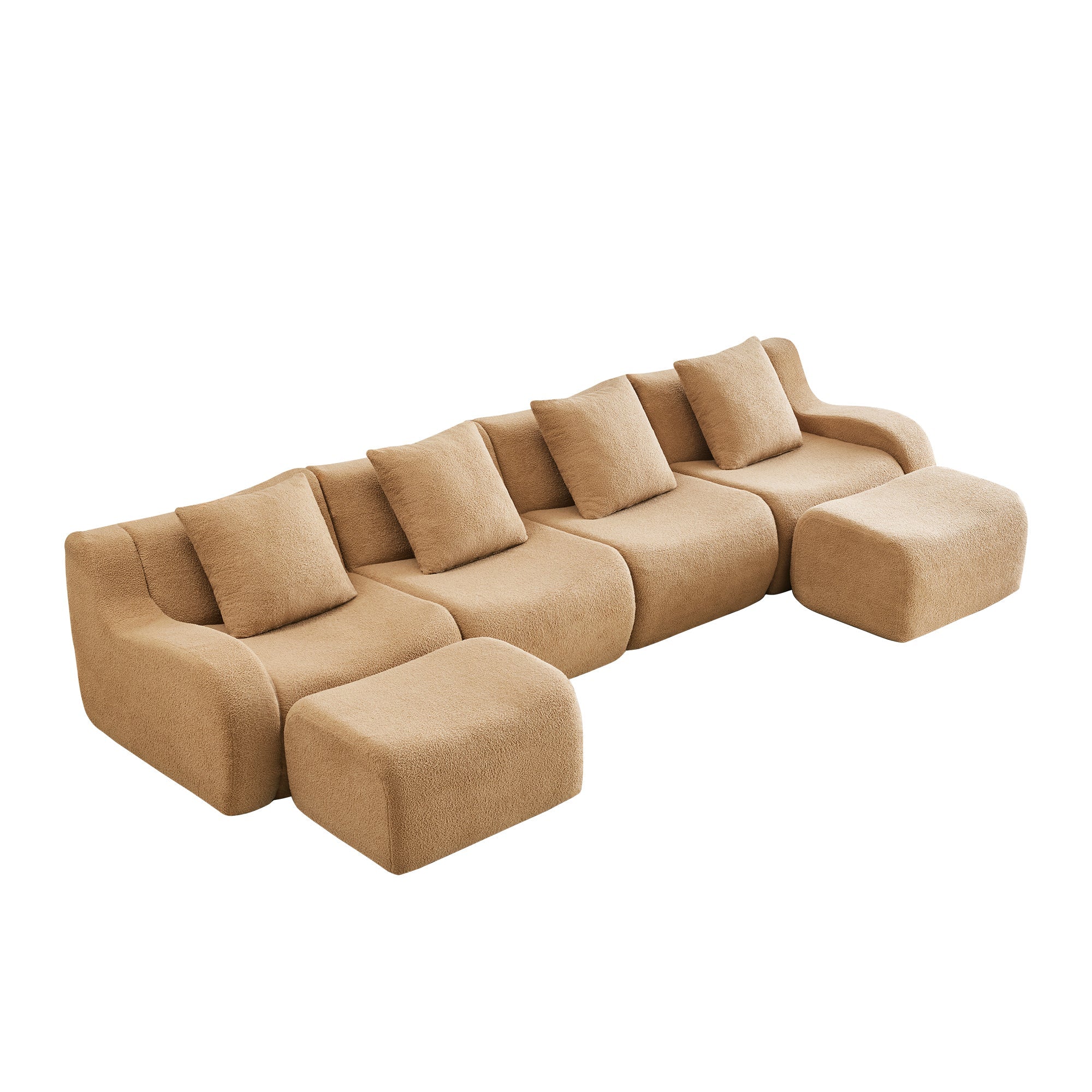 U-Shaped Boneless Sofa,Teddy Fabric No assembly required   Curved armrest,Anti-slip Design,Streamlined Design 32D High Density Sponge,Full Compression Vacuum Packag,For Studies living Rooms,Camel