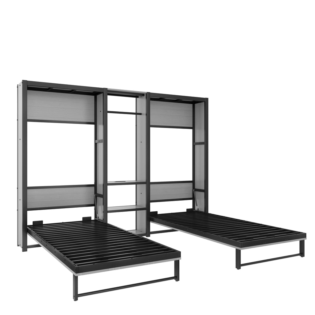 Twin and Twin Murphy Bed, Metal Foldable Murphy Bed with Wardrobe, Shelves and Power Outlets, 2 in 1 Design, Space-saving, Gray