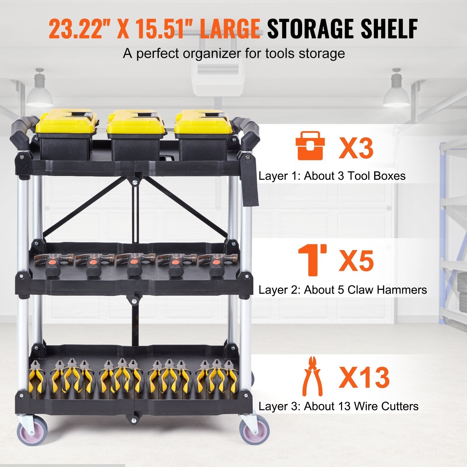 Foldable Utility Service Cart, 3 Shelf 165LBS Heavy Duty Plastic Rolling Cart with Lockable Wheels, Ergonomic Handle, Portable Garage Tool Cart for Warehouse/Office/Home(25.62'x15.43'x32.76')