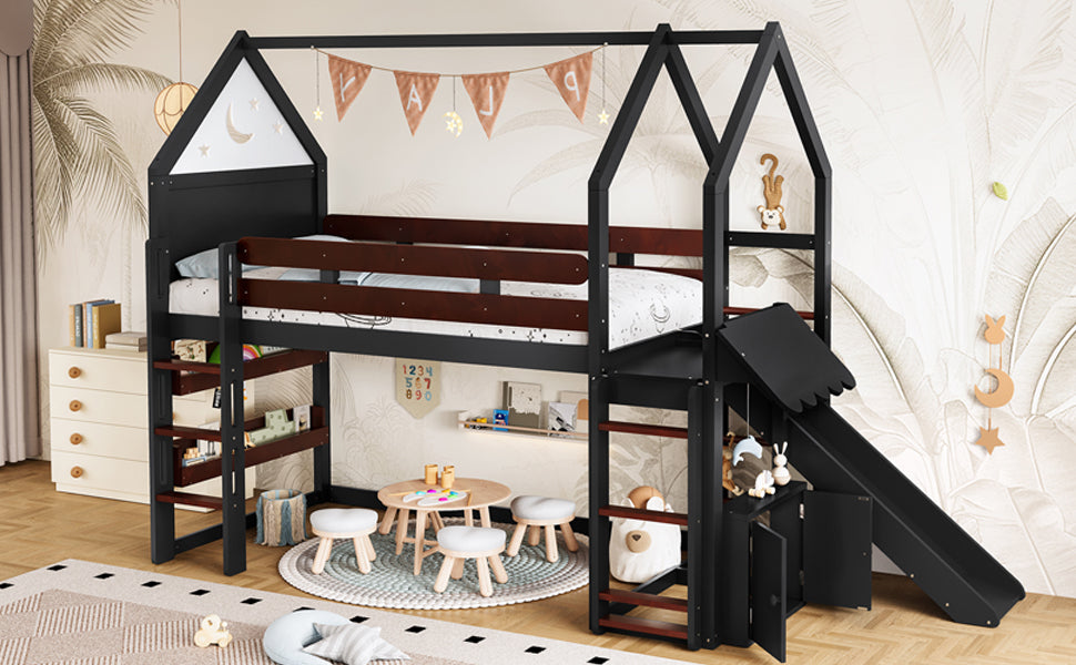 Twin Size Loft Bed with Bookshelf Playful Design for Kids House-Shaped Structure with Slide High-Quality Safety Rails,Beige/Natural /Black