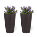 Faux Rattan Tall Planters Set of 2 with Water Level Monitor and Automatic Watering, Brown, 22 Inch
