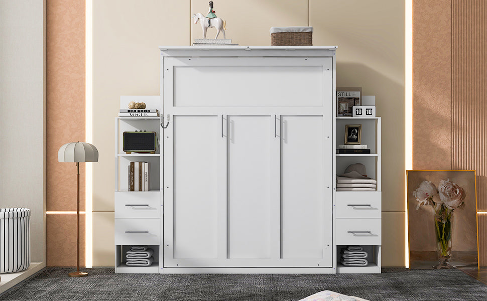 Queen Size Murphy Bed Wall Bed with Shelves, Drawers and LED Lights,White(OLD SKU:LP000566AAK-1)