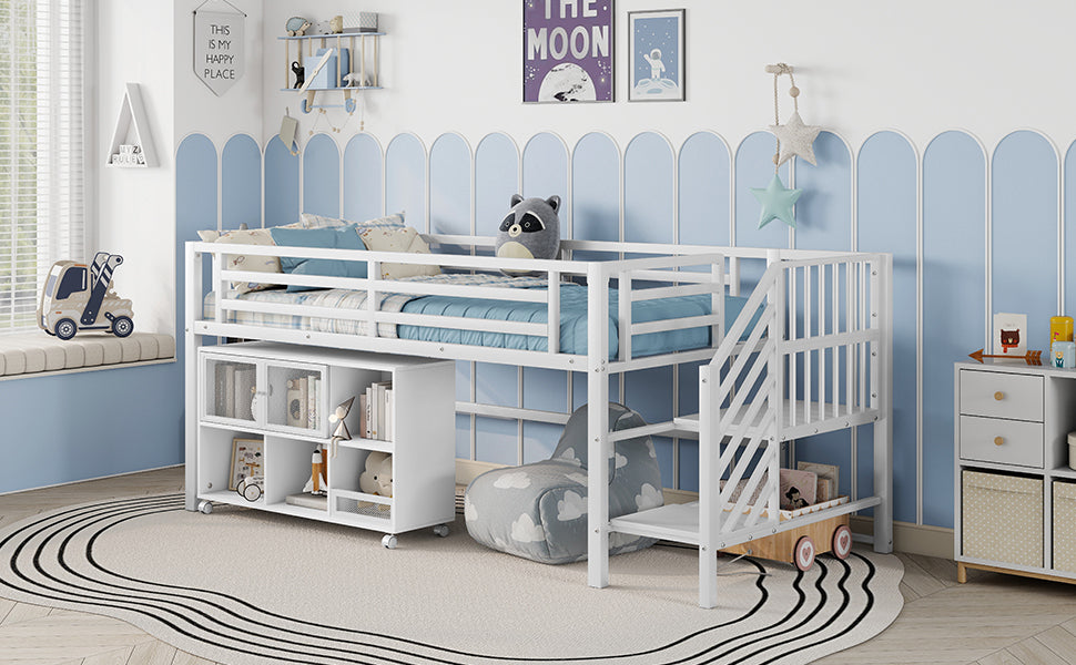 Twin Metal Loft Bed with Storage Cubby, Low Metal Loft Bed with Stairs for Kids, White, Expect Arrival Date 2025/11/10