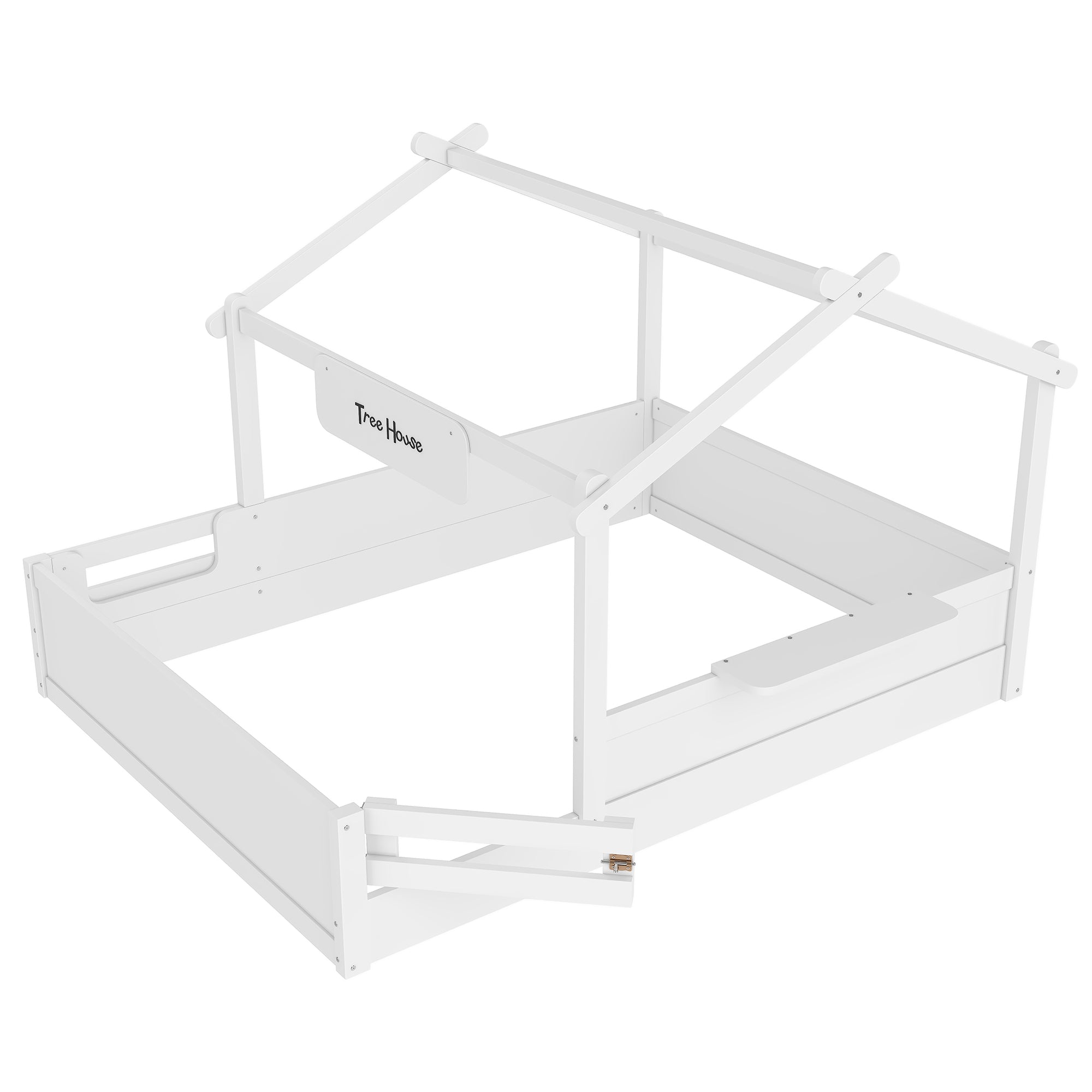 Queen Size Floor Bed with Guardrails and Roof, Kids House Floor Bed with a Small Built-in Tray and Free-installed Signboard, Childlike Design, White