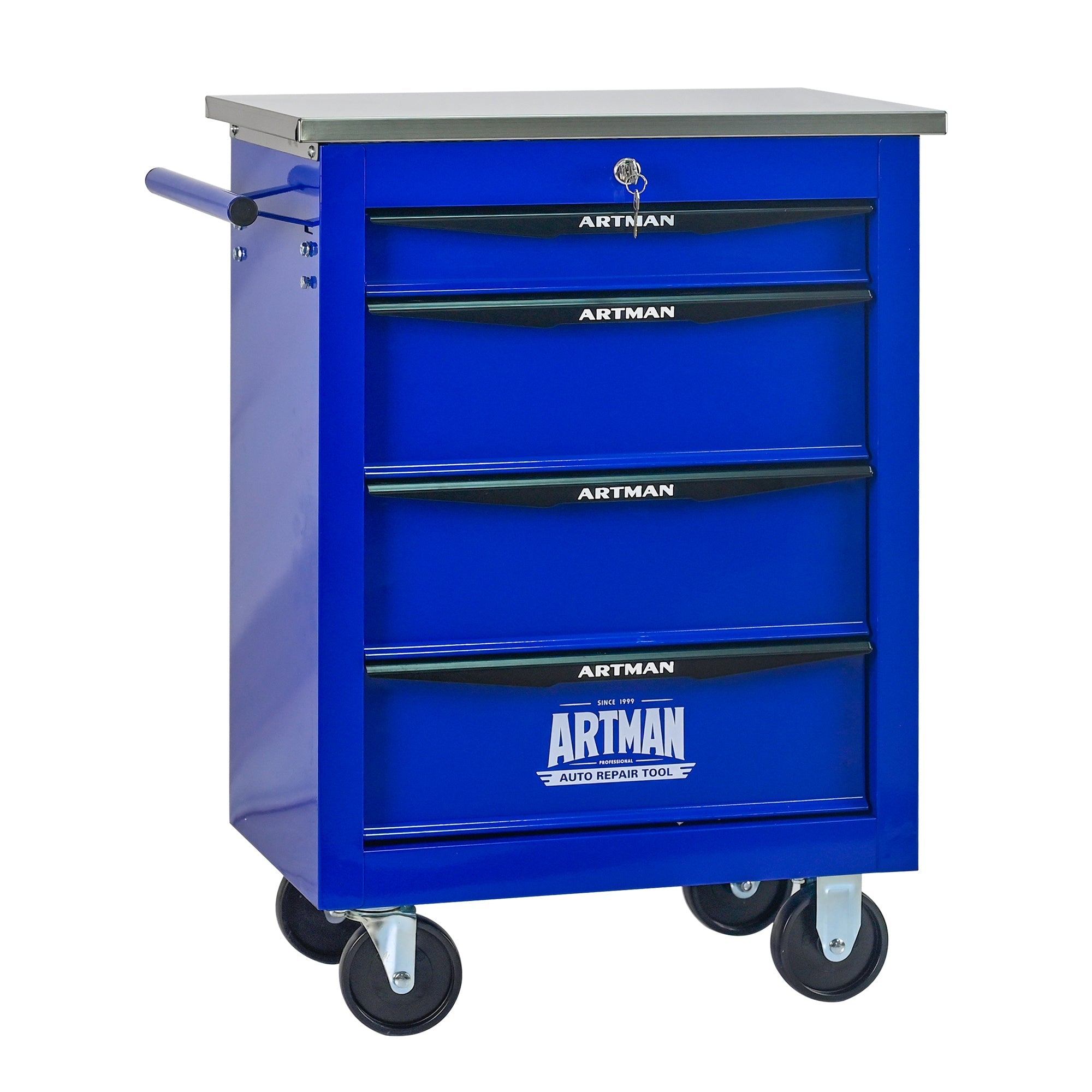 4 Drawers Multifunctional Tool Cart with Wheels,Metal Rolling Tool Cart Storage for Garage Workshop Warehouse Repair Shop--With  Stainless Steel Roof- BLACK&BLUE