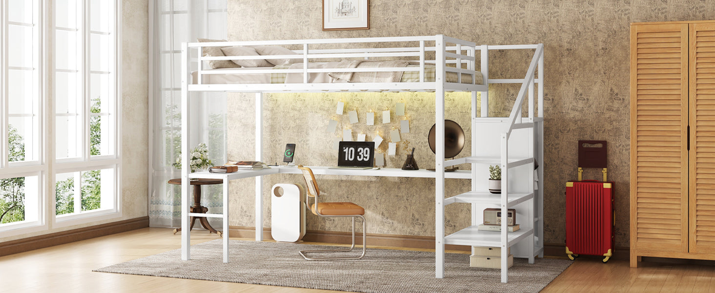 Full Size Loft Bed with L-shaped Desk and USB, Metal Loft Bed with Wardrobe and Adjustable Shelf, High Loft Bed with LED for Kids Teens Adults, White