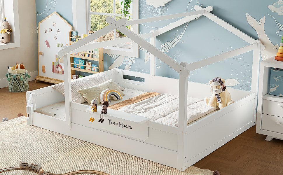 Queen Size Floor Bed with Guardrails and Roof, Kids House Floor Bed with a Small Built-in Tray and Free-installed Signboard, Childlike Design, White
