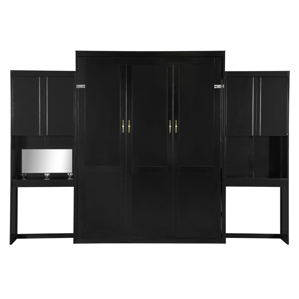 Queen Size Murphy Bed with Desk, Vanity and Cabinets, Espresso(OLD SKU: N820S00057P)