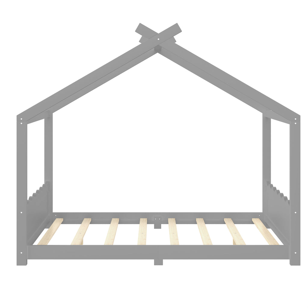 Queen House Floor Bed with Support Slats, Solid Wood House Bed Frame for Kids, No Box Spring Needed and Opening Constructure, Gray