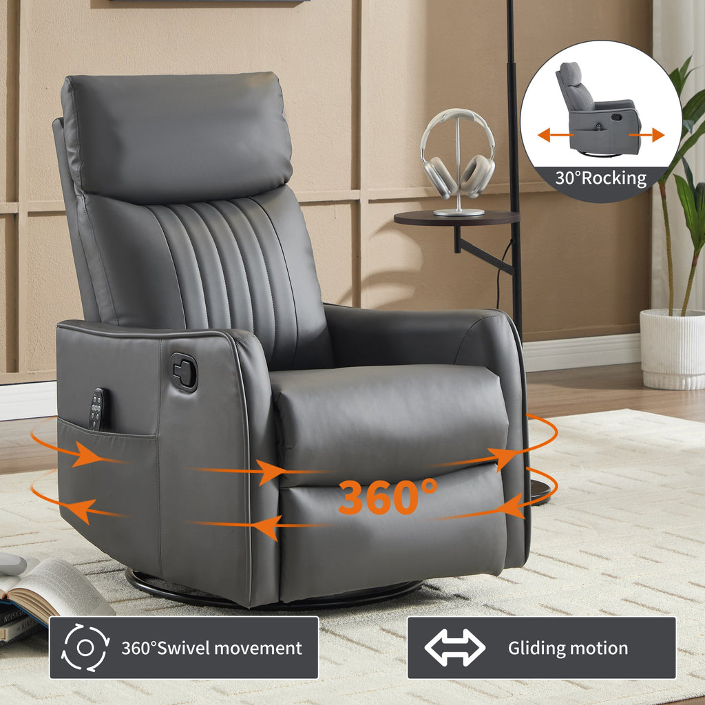 Grey Faux Leather Heat Massage Manual Recliner Chair with Rocker and Swivel for Living Room