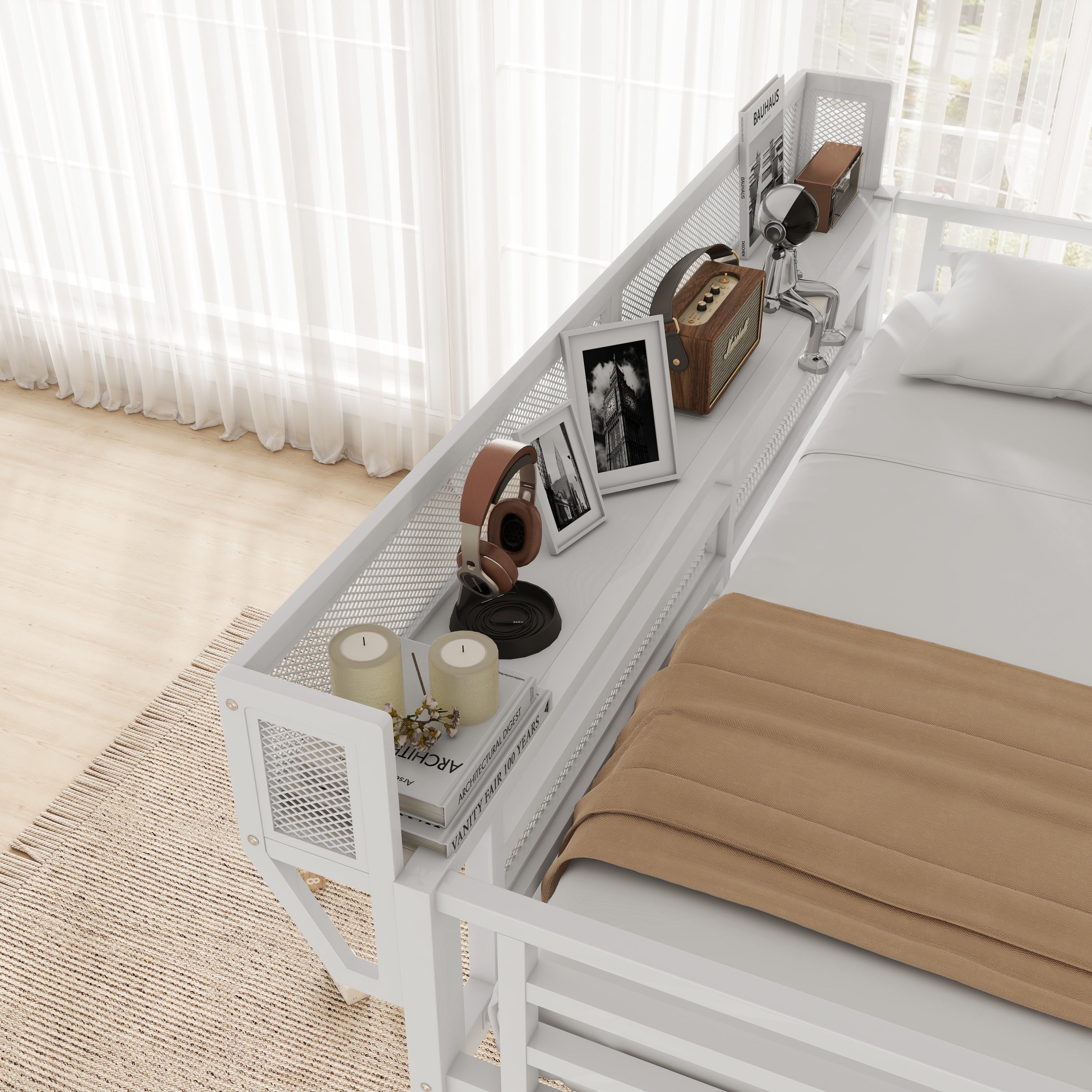 Full Loft Bed with Desk and Charging Station, Full Size Metal Loft Bed with Stairs and Light for Kids Teens,White OLD  SKU W2580S00046