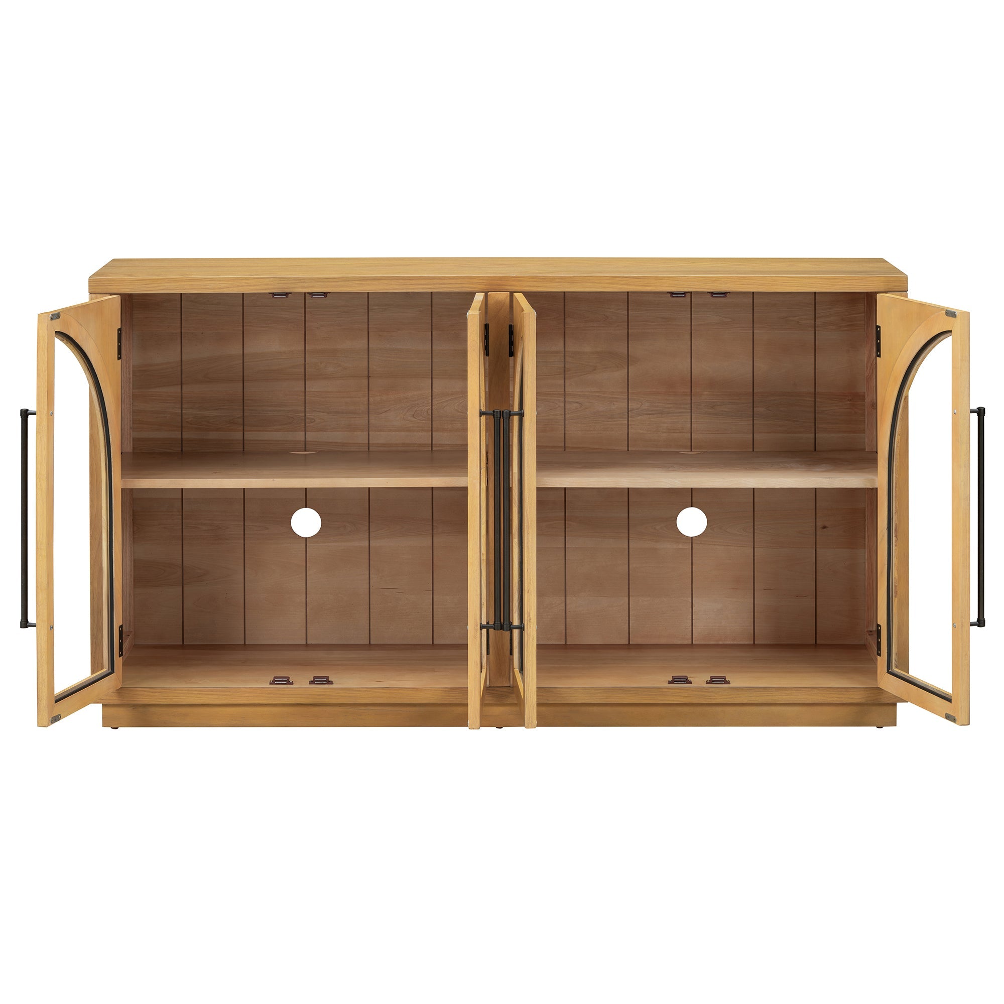 TREXM 4-Door Large Storage Sideboard Buffet Cabinet with Glass Doors, Arched Cabinet with Adjustable Shelves for Kitchen, Dining Room and Living Room (Natural Wood)