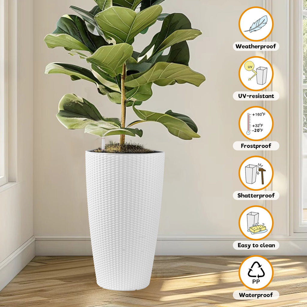 Faux Rattan Tall Planters Set with Water Level Monitor and Automatic Watering, White, Polypropylene, 22 Inch