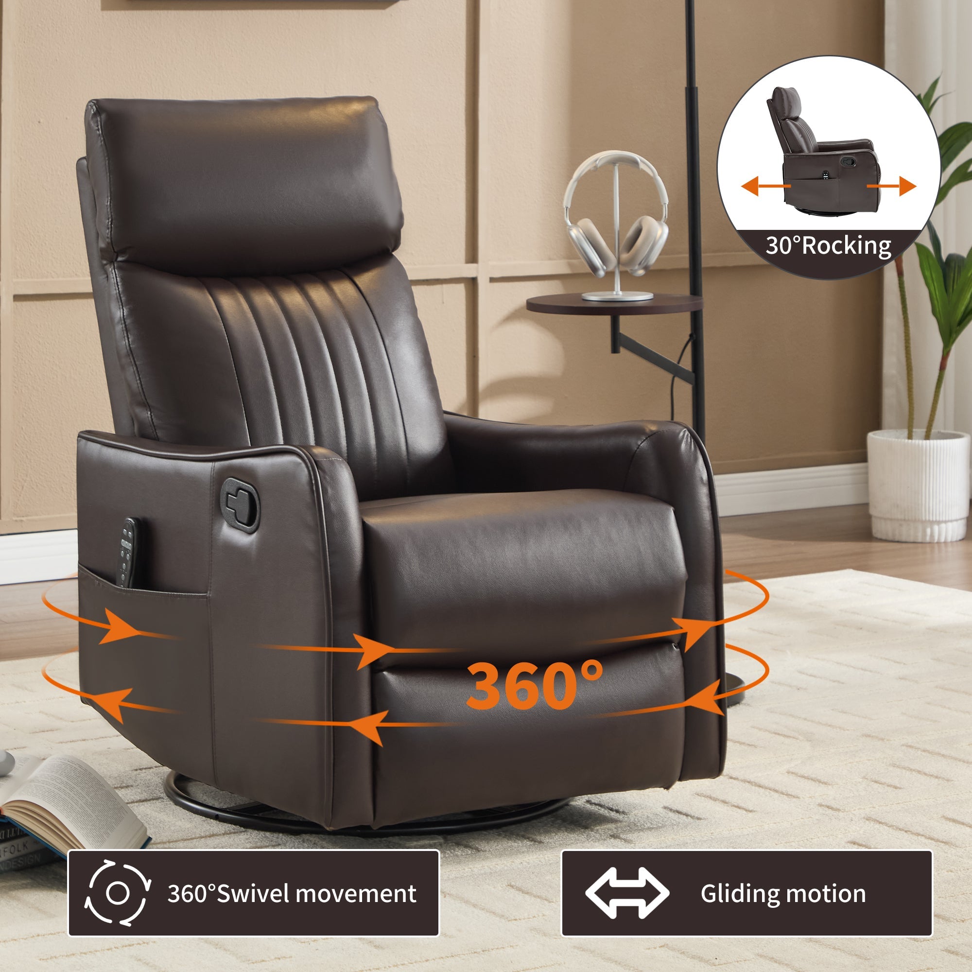 Brown Faux Leather Heat Massage Manual Recliner Chair with Rocker and Swivel for Living Room