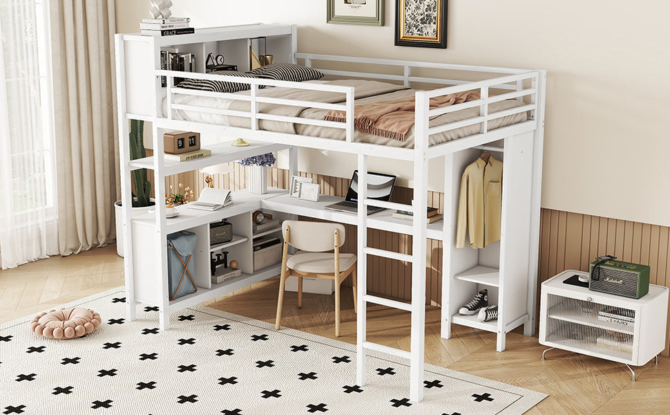 Metal Loft Bed with Wardrobe And L-shaped Desk, Full Size Loft Bed with Storage Cubes and Shelves, Heavy Duty Loft Bed for Kids Teens Adults, White