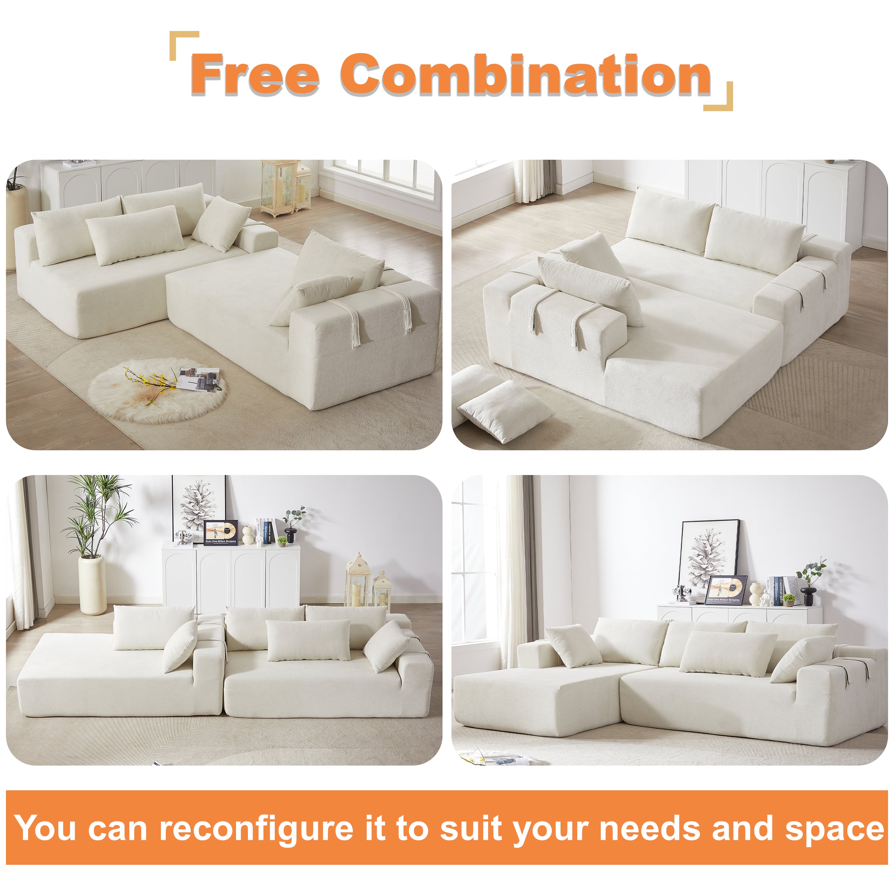 Modern Chenille Upholstered Sectional Sofa Couch Set,Modular 108' L Shaped Sectional Living Room Sofa Set With 6 Pillows,Free Combination Sofa Couch for Living Room,Bedroom(Right Chaise)