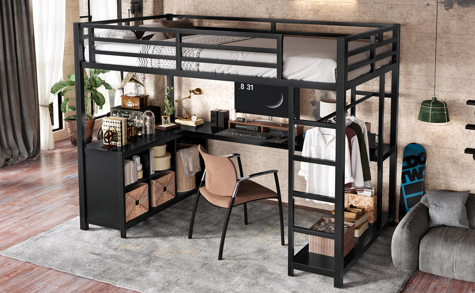 Metal Loft Bed with Wardrobe and L-shaped Desk, Twin XL Size Loft Bed with Storage Cubes and Shelves, Loft Bed for Kids Teens Adults, Black