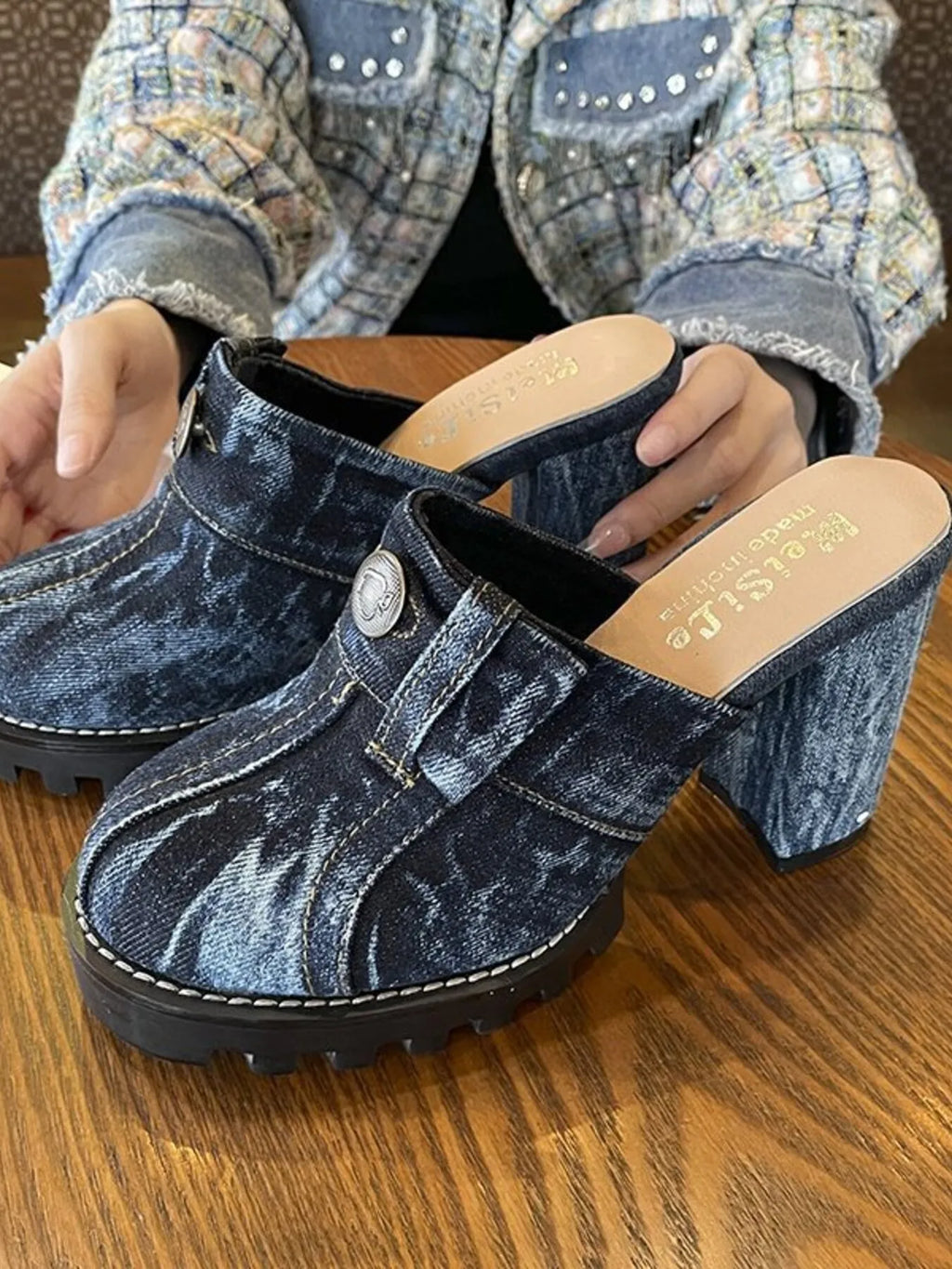Denim Round Toe Block Heels Sandals