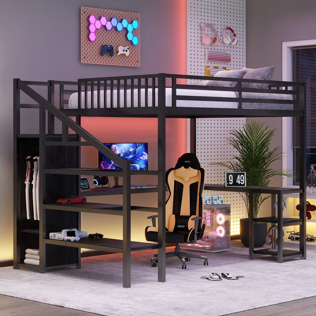 Metal Queen Loft Bed with Wardrobe and LED Light, Queen Size Loft Bed with L Shaped Desk and USB for Kids Teens Adults, Black(Old SKU W2593S00033)