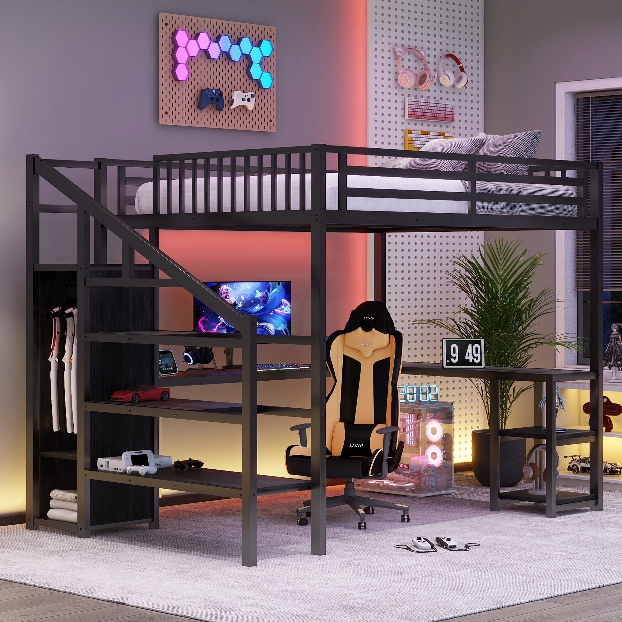 Metal Queen Loft Bed with Wardrobe and LED Light, Queen Size Loft Bed with L Shaped Desk and USB for Kids Teens Adults, Black(Old SKU W2593S00033)