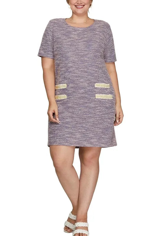 She + Sky Full Size Short Sleeve Pearl Studded Trim Knit Tweed Dress Plus Size