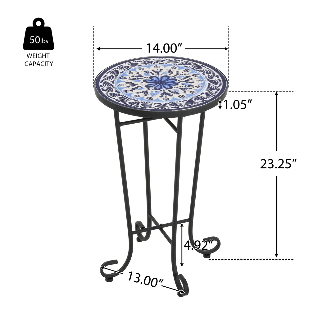 French Country Patio Side Table with Vibrant Tile Top, Blue and Black, Ceramic Tile and Iron, 14x14x23.25 Inches