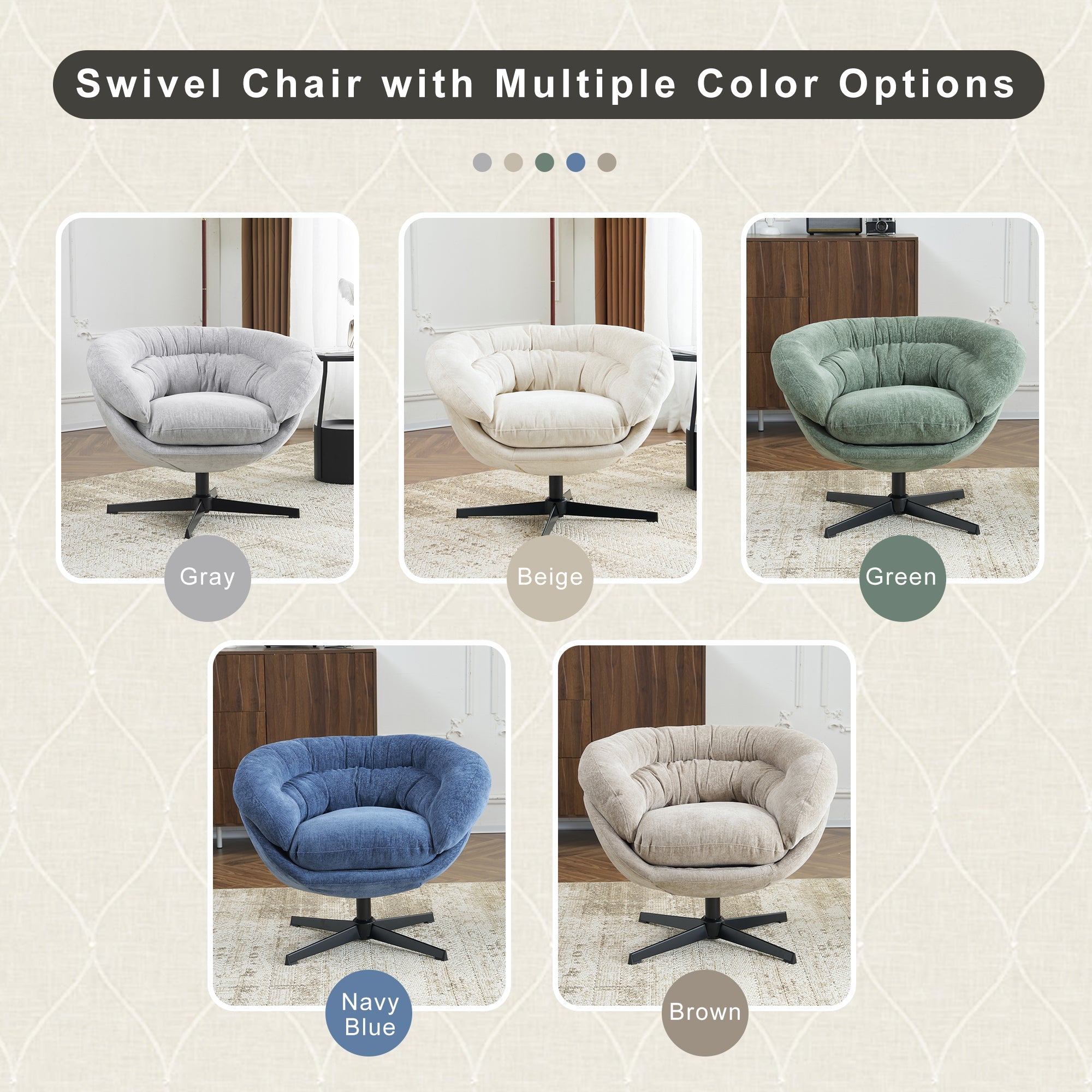 Modern Chenille Office Chair, 360° Swivel Club Chair/Accent Chair with Removable Cushion, Round Office Chair, Black Metal Base, Cotton Material, Living Room, Bedroom, Reading Corner, Office (Beige)