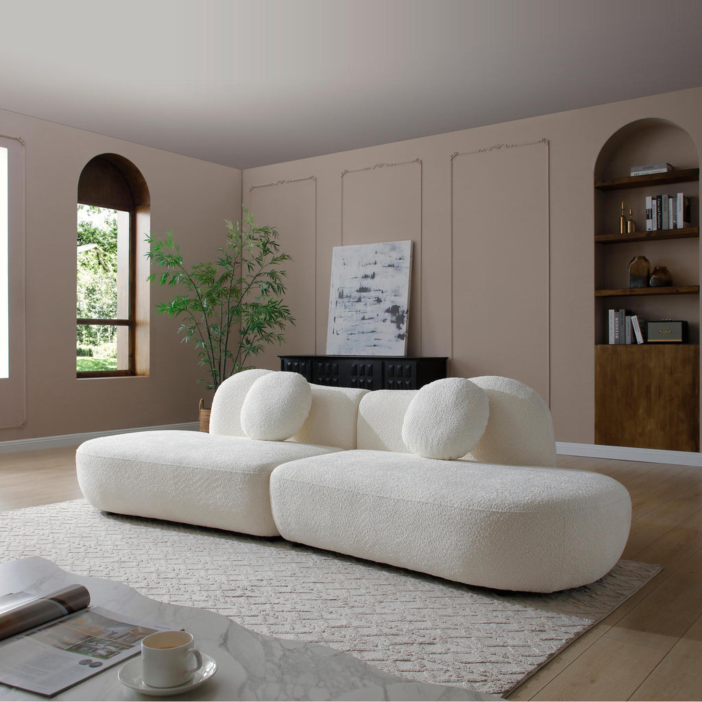 Modern Curved Modular Sofa, Suitable for Living Rooms and Bedrooms With Boucle 3-Seat Sofa, White Color, Curved Backrest, 2 Pillows, Easy to Assemble