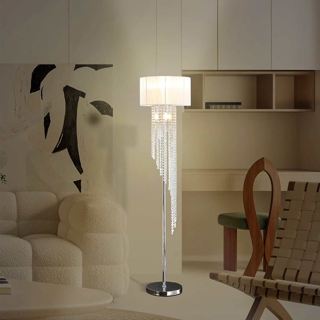 65.75'H Sheer White Drum Shade Rain Crystal Chrome Metal Floor Lamp for Living Room, Standing Lamp for Bedroom