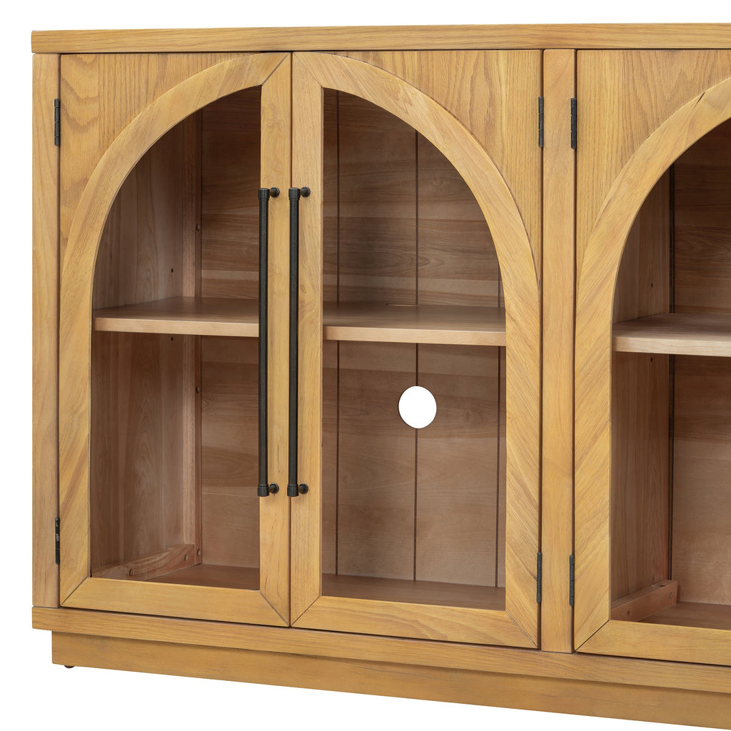 TREXM 4-Door Large Storage Sideboard Buffet Cabinet with Glass Doors, Arched Cabinet with Adjustable Shelves for Kitchen, Dining Room and Living Room (Natural Wood)