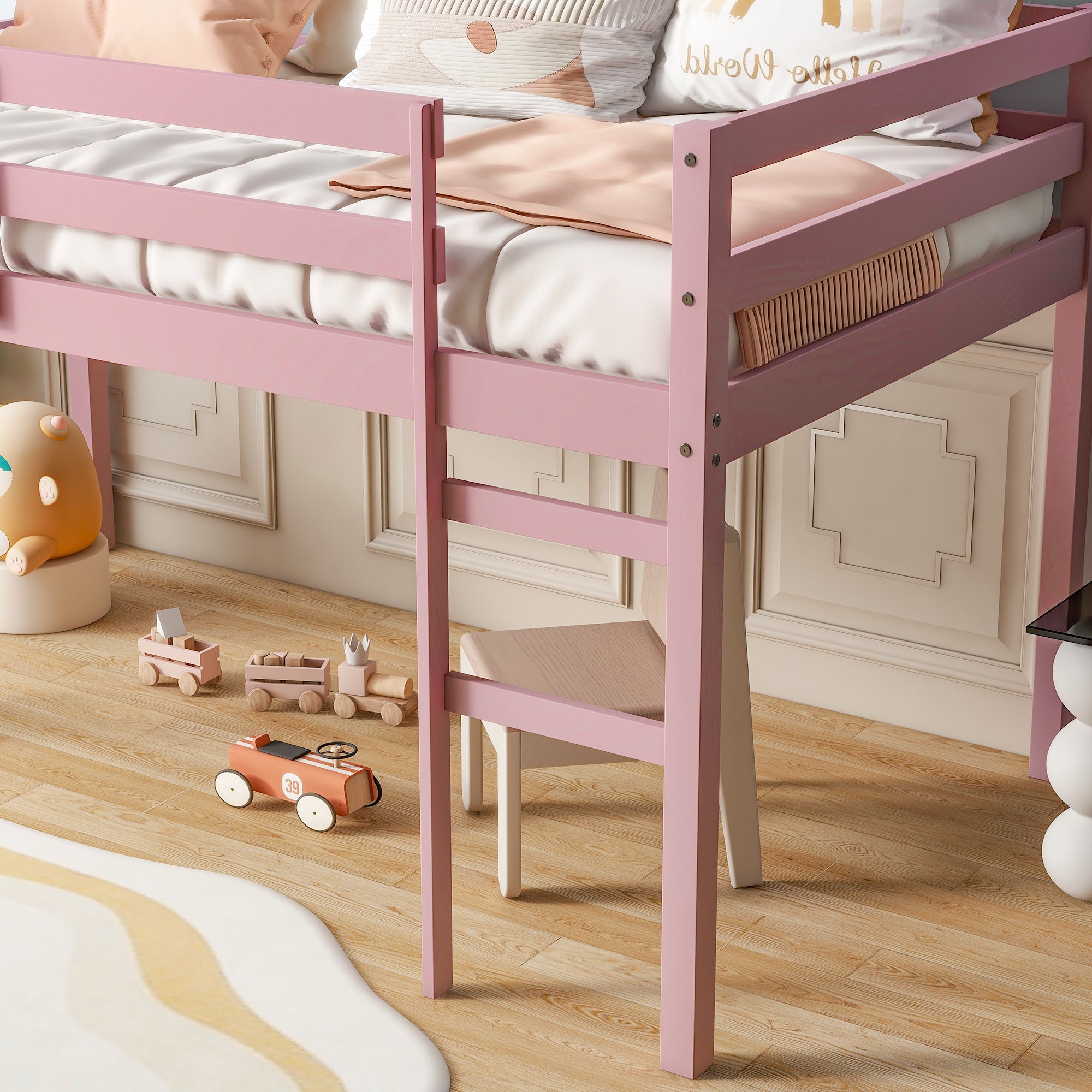 Solid Wooden, Rubber Wooden Twin Loft Bed with Ladder, Bed Platform of Strengthened Slats, Pink