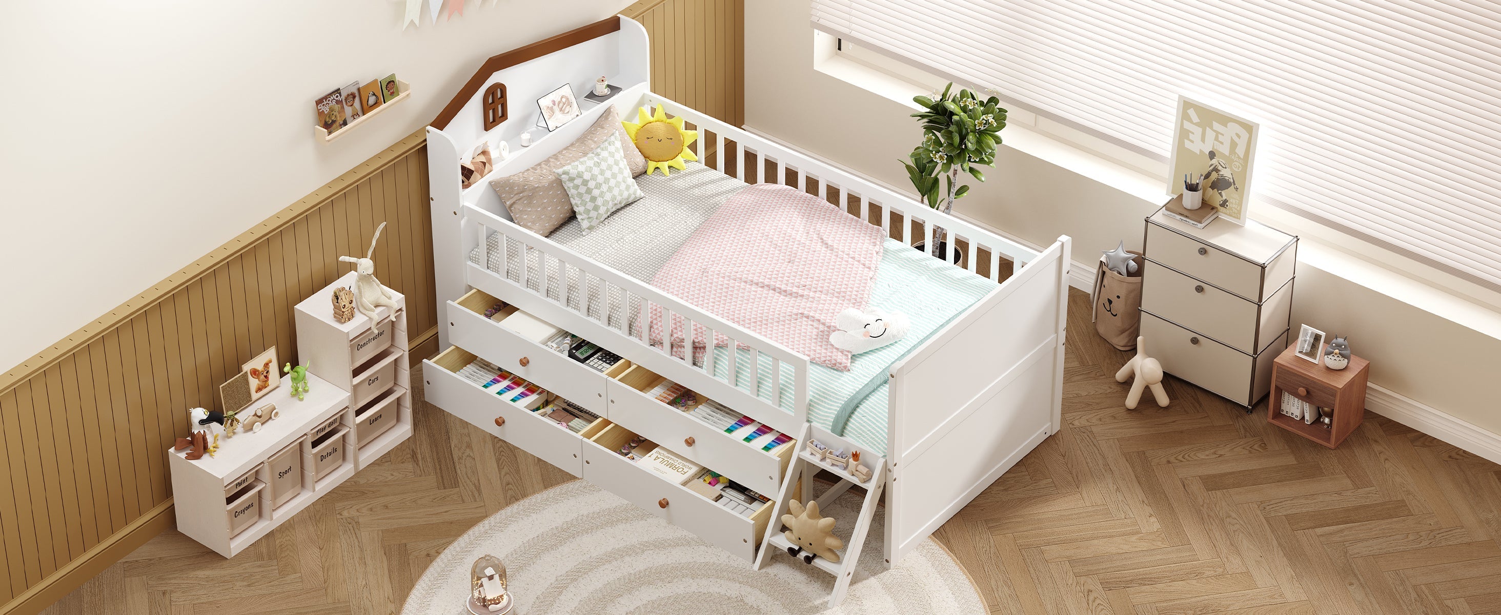 Twin Bed Frame with Storage 4 Drawers,Wooden Bed Frame for Kids,Platform Twin Size Bed with Guardrail Headboard and Ladder, No Box Spring Needed, Easy Assembly, White