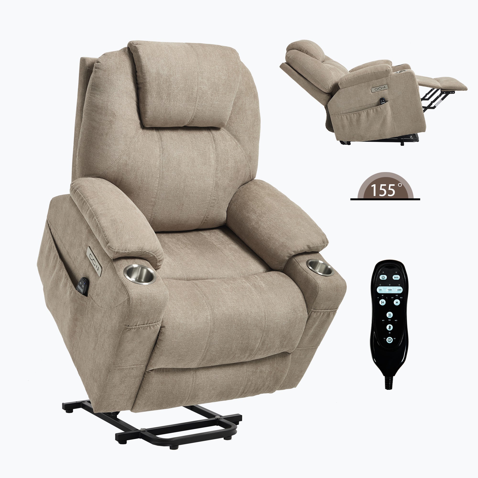 Up to 350 LBS polyester Power Lift Recliner Chair, Heavy Duty Motion Mechanism with 8-Point Vibration Massage and Lumbar Heating, USB and Type-C Ports, Stainless Steel Cup Holders, Khaki